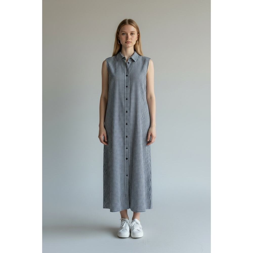 VTG 90s Y2K Cherokee Gingham Sleeveless Button Front Midi Shirt Dress M